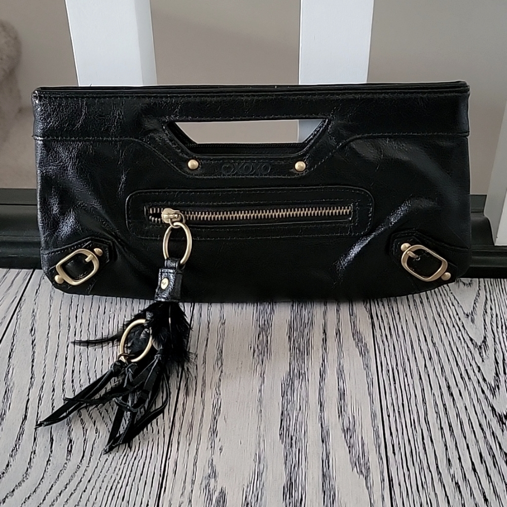 XOXO Small Black Cluch with feather detail